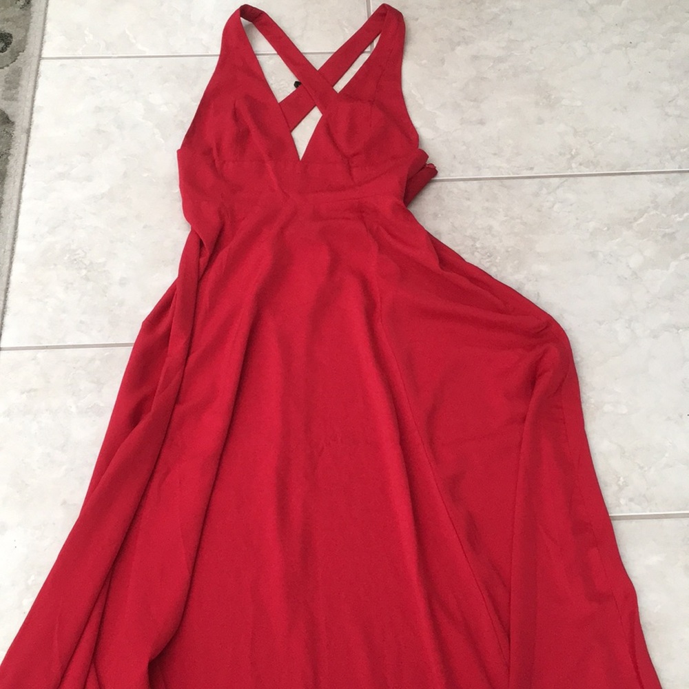 Red halter top A line full length dress